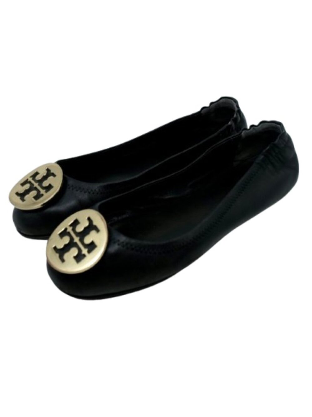 TORY BURCH~Minnie~TRAVEL BALLET FLAT~BLACK LEATHER GOLD REVA LOGO 6 M